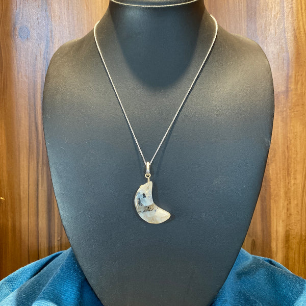 Raw Crystal Crescent Moon Pendant with Chain in 925 Sterling Silver for Men & Women