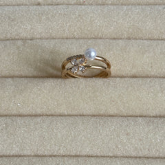 Dual-Band Flower & Pearl Design Ring for women – Anti-Tarnish Adjustable Ring