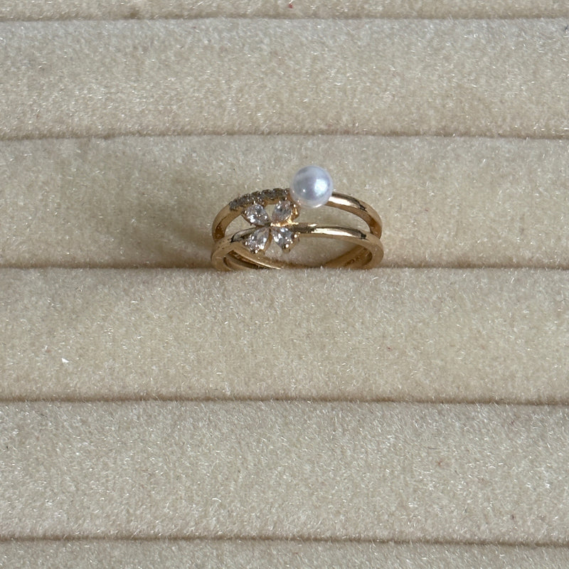 Dual-Band Flower & Pearl Design Ring for women – Anti-Tarnish Adjustable Ring