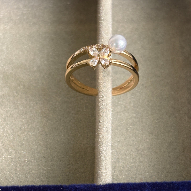 Dual-Band Flower & Pearl Design Ring for women – Anti-Tarnish Adjustable Ring