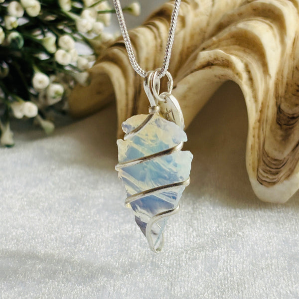 Moonlight Arrow Opalite Arrowhead Pendant | Silver Wire Wrapped Crystal Necklace for Men & Women