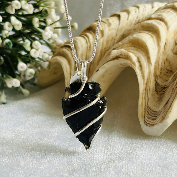Shadow Arrow Obsidian Arrowhead Pendant | Silver Wire Wrapped Protection Necklace for Men & Women