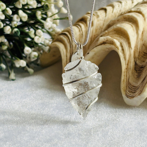 Raw Clear Quartz Pendant Necklace for Men & Women | Unisex Healing Crystal with Silver Wire Wrap