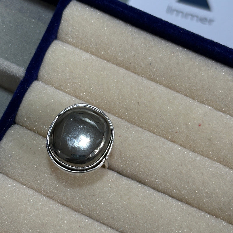 Pyrite Ring – Bold Polished Silver-Tone Statement Adjustable Ring for Men