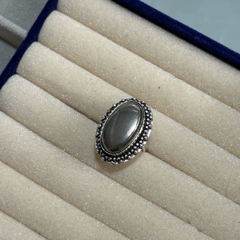 Pyrite Ring – Bold Polished Silver-Tone Statement Adjustable Ring for Women