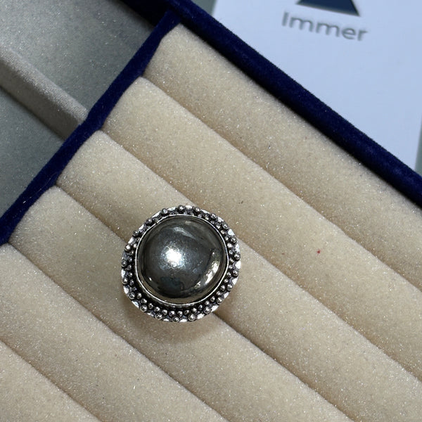 Pyrite Ring – Bold Polished Silver-Tone Statement Adjustable Ring for Women