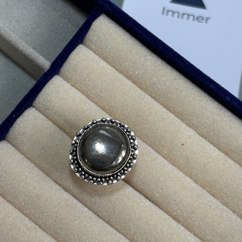 Pyrite Ring – Bold Polished Silver-Tone Statement Adjustable Ring for Women