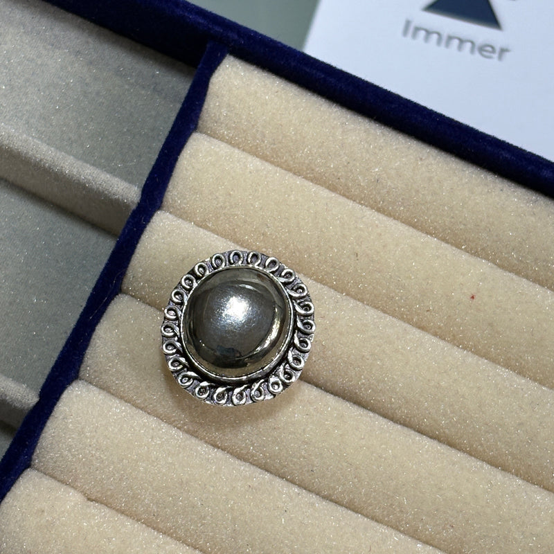Pyrite Ring – Bold Polished Silver-Tone Statement Adjustable Ring for Women