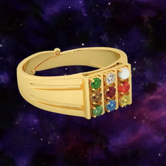 Navratna Ring for Men in Brass | 18K Gold Plated with Original 9 Gemstones | Adjustable Traditional Statement Ring with purpose