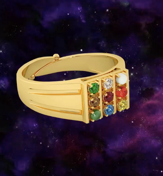 Navratna Ring for Men in Brass | 18K Gold Plated with Original 9 Gemstones | Adjustable Traditional Statement Ring with purpose