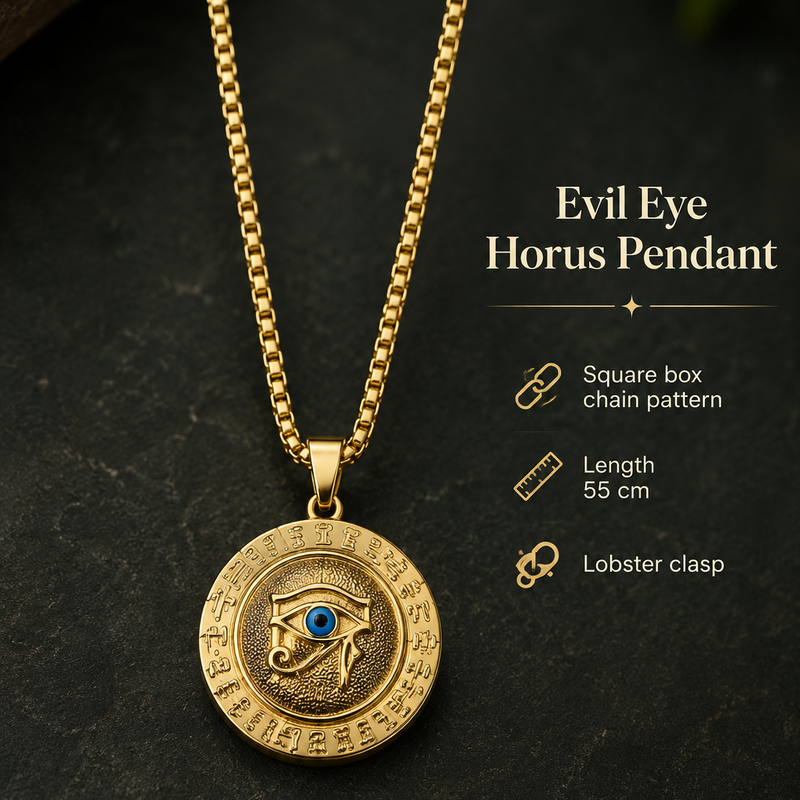 Evil Eye Horus Pendant with Chain for Men & Boys | 304 Stainless Steel, Anti Tarnish, gold Plated with 6 Months Warranty