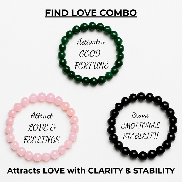 Gemstone Bracelet Combo for Men & Women - Black agate, Rose Quartz & Green Jade - FIND LOVE COMBO