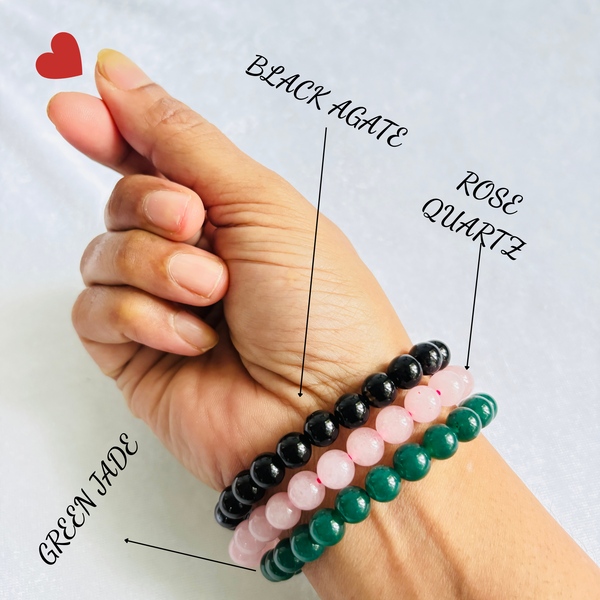 Gemstone Bracelet Combo for Men & Women - Black agate, Rose Quartz & Green Jade - FIND LOVE COMBO