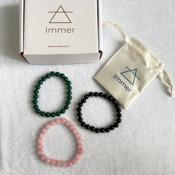 Gemstone Bracelet Combo for Men & Women - Black agate, Rose Quartz & Green Jade - FIND LOVE COMBO