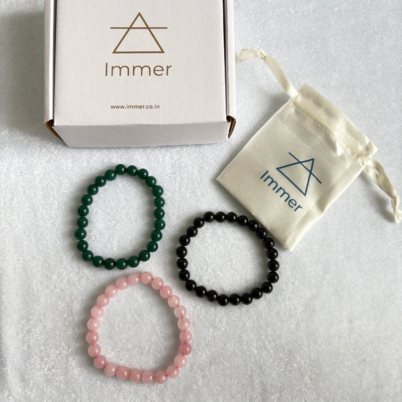 Gemstone Bracelet Combo for Men & Women - Black agate, Rose Quartz & Green Jade - FIND LOVE COMBO