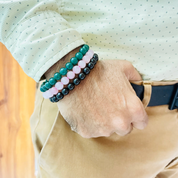 Gemstone Bracelet Combo for Men & Women - Black agate, Rose Quartz & Green Jade - FIND LOVE COMBO