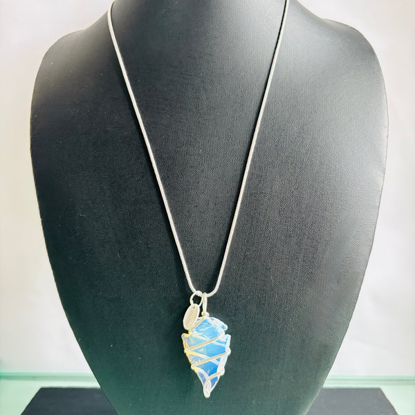 Raw Opalite Arrowhead Pendant | Silver Plated Wire Wrapped Crystal Necklace for Men & Women