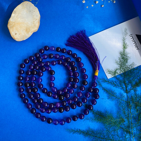 Natural amethyst Reiki Feng-Shui Mala Necklace 6 mm Crystal Stone 108 Bead Jap Mala - Men and Women