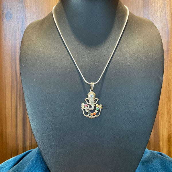 Navratna Ganesha Pendant in 925 Sterling Silver with Chain | Handcrafted with original Navratna stones