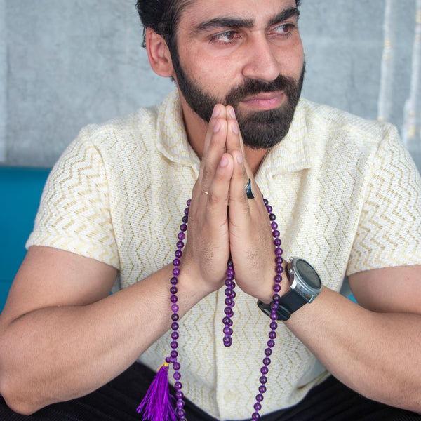 Natural amethyst Reiki Feng-Shui Mala Necklace 6 mm Crystal Stone 108 Bead Jap Mala - Men and Women