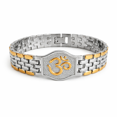 Dual Tone OM Bracelet for Men in 18K Gold Plated Stainless Steel & Silver Tone | Engraved Om Symbol Bracelet with Adjustable strap