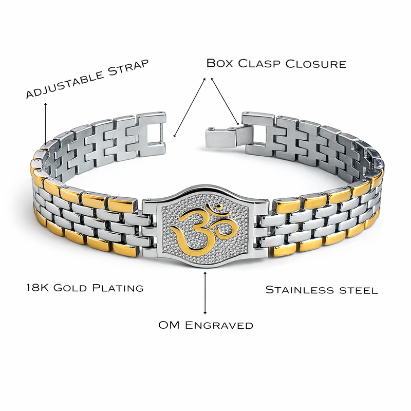 Dual Tone OM Bracelet for Men in 18K Gold Plated Stainless Steel & Silver Tone | Engraved Om Symbol Bracelet with Adjustable strap