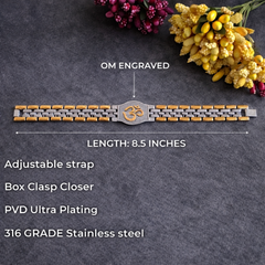 Dual Tone OM Bracelet for Men in 18K Gold Plated Stainless Steel & Silver Tone | Engraved Om Symbol Bracelet with Adjustable strap
