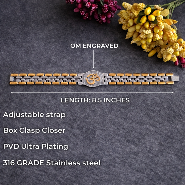Dual Tone OM Bracelet for Men in 18K Gold Plated Stainless Steel & Silver Tone | Engraved Om Symbol Bracelet with Adjustable strap
