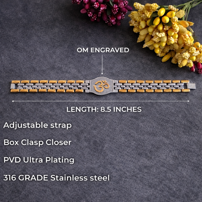 Dual Tone OM Bracelet for Men in 18K Gold Plated Stainless Steel & Silver Tone | Engraved Om Symbol Bracelet with Adjustable strap