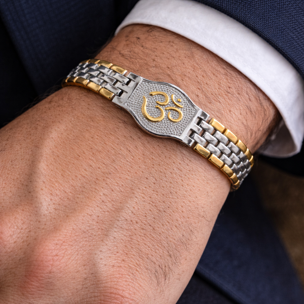 Dual Tone OM Bracelet for Men in 18K Gold Plated Stainless Steel & Silver Tone | Engraved Om Symbol Bracelet with Adjustable strap