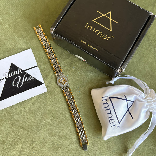 Dual Tone OM Bracelet for Men in 18K Gold Plated Stainless Steel & Silver Tone | Engraved Om Symbol Bracelet with Adjustable strap