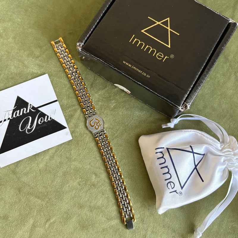 Dual Tone OM Bracelet for Men in 18K Gold Plated Stainless Steel & Silver Tone | Engraved Om Symbol Bracelet with Adjustable strap