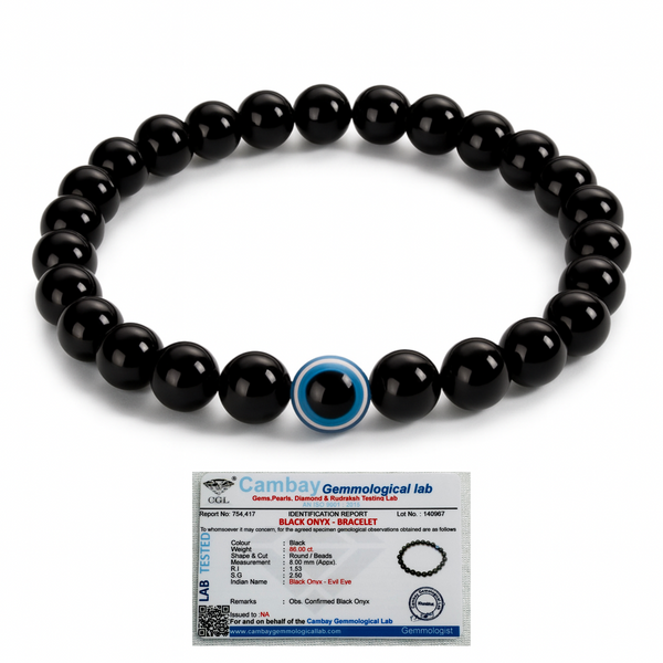 Evil Eye Bracelet with Certified Black Onyx Beads | Nazar Protection, Positivity & Good Luck | Unisex Adjustable Gemstone Bracelet for Men & Women | Certificate of Authenticity Included