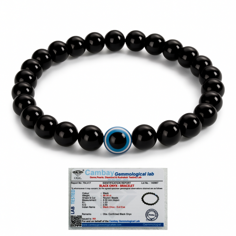 Evil Eye Bracelet with Certified Black Onyx Beads | Nazar Protection, Positivity & Good Luck | Unisex Adjustable Gemstone Bracelet for Men & Women | Certificate of Authenticity Included
