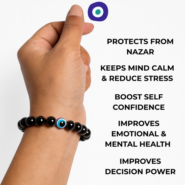 Evil Eye Bracelet with Certified Black Onyx Beads | Nazar Protection, Positivity & Good Luck | Unisex Adjustable Gemstone Bracelet for Men & Women | Certificate of Authenticity Included