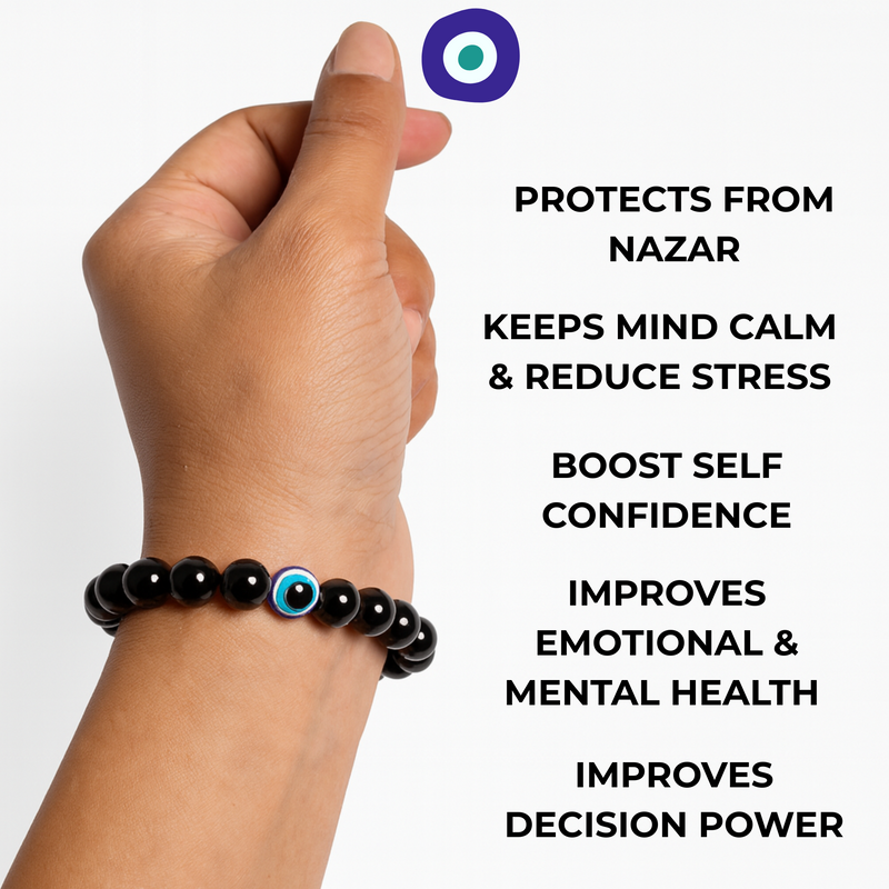 Evil Eye Bracelet with Certified Black Onyx Beads | Nazar Protection, Positivity & Good Luck | Unisex Adjustable Gemstone Bracelet for Men & Women | Certificate of Authenticity Included