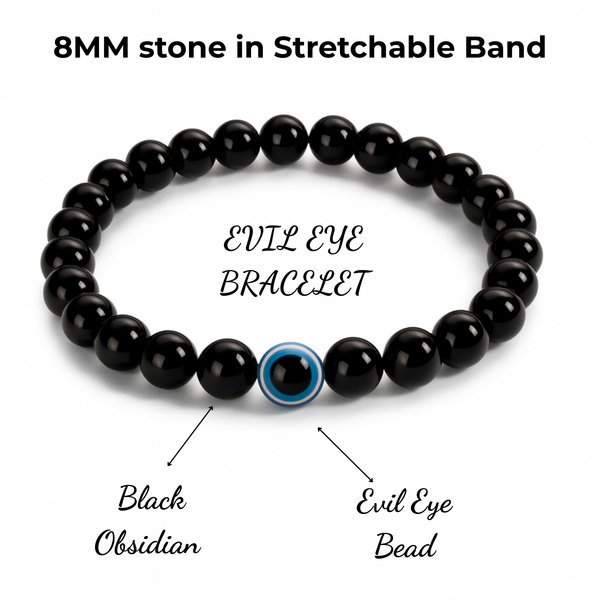 Evil Eye Bracelet with Certified Black Onyx Beads | Nazar Protection, Positivity & Good Luck | Unisex Adjustable Gemstone Bracelet for Men & Women | Certificate of Authenticity Included