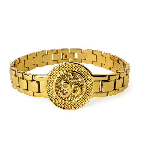 Om Bracelet for Men – CIRCLE | 18K Gold Plated Stainless Steel Adjustable | Spiritual Jewellery with Om Engraving | Religious Bracelet for Men