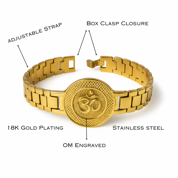 Om Bracelet for Men – CIRCLE | 18K Gold Plated Stainless Steel Adjustable | Spiritual Jewellery with Om Engraving | Religious Bracelet for Men