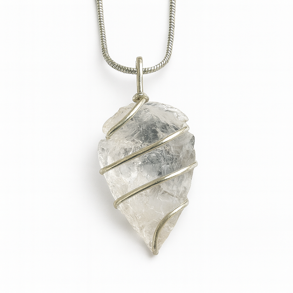 Raw Clear Quartz Pendant Necklace for Men & Women | Unisex Healing Crystal with Silver Wire Wrap