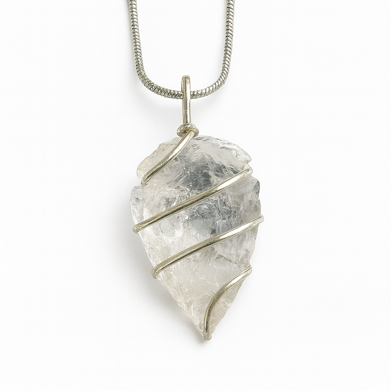 Raw Clear Quartz Pendant Necklace for Men & Women | Unisex Healing Crystal with Silver Wire Wrap