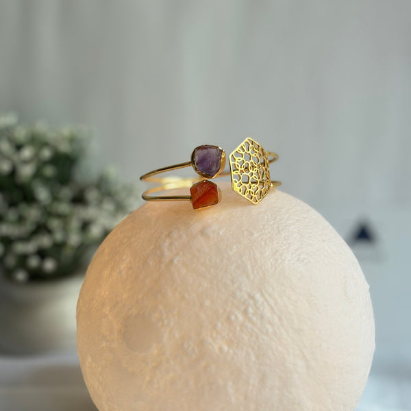Dual Stone Open Bangle with Gold Geometric Motif | Carnelian & Amethyst Bracelet for Women