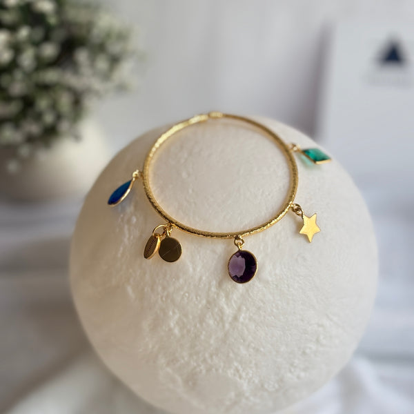 Multi-Charms Golden Bangle Bracelet | 18K Gold Plated, Anti-Tarnish, Adjustable