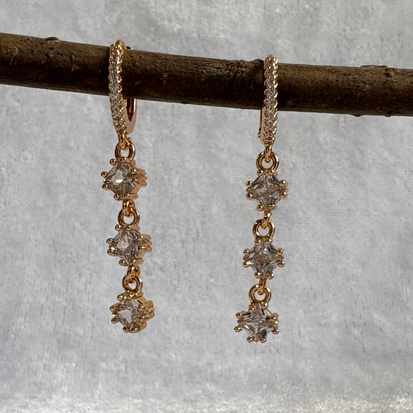 Triple Crystal Drop Hoop Earring | Lightweight Anti-Tarnish Glam for Daily Sparkle