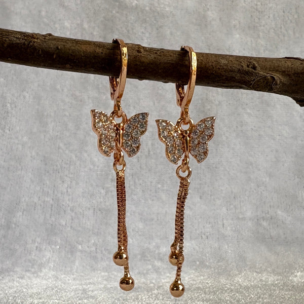 Butterfly Dangle Earrings with Hanging Chains | CZ Sparkle Golden Drop Hoops