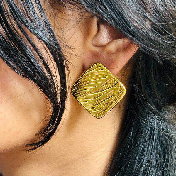 Textured Gold Square Statement Earrings | Lightweight Anti-Tarnish Studs for Women
