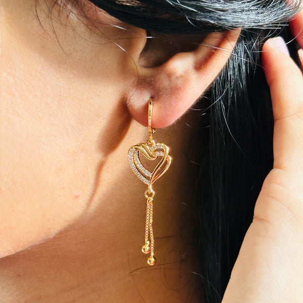 Heart Dangle Earrings with CZ Stones & Chain Drops | Romantic Statement Golden Hoops