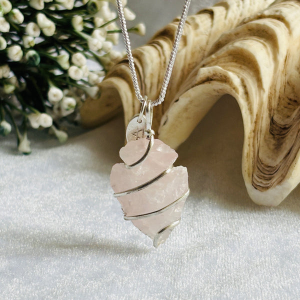 Love Arrow Rose Quartz Arrowhead Pendant | Silver Wire Wrapped Heart Chakra Necklace