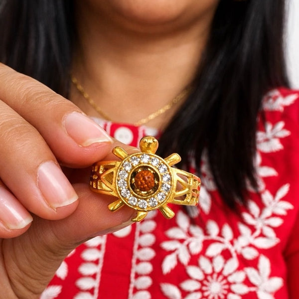 Rudraksha Meru Ring for Men & Women | 18K Gold Plated Ring in Brass  |  Rudraksha Adjustable Ring for Daily Wear