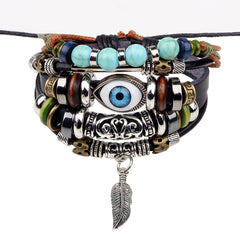 EVIL eye 5 Pcs Braided Faux Leather Bracelet Set with Moonstone beads for Men & Boys (8 inch)
